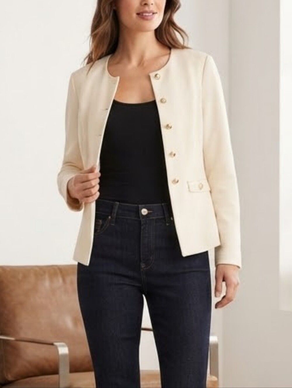 PRETTYGARDEN Cream Blazer Jacket Gold Rhinestone Buttons Small